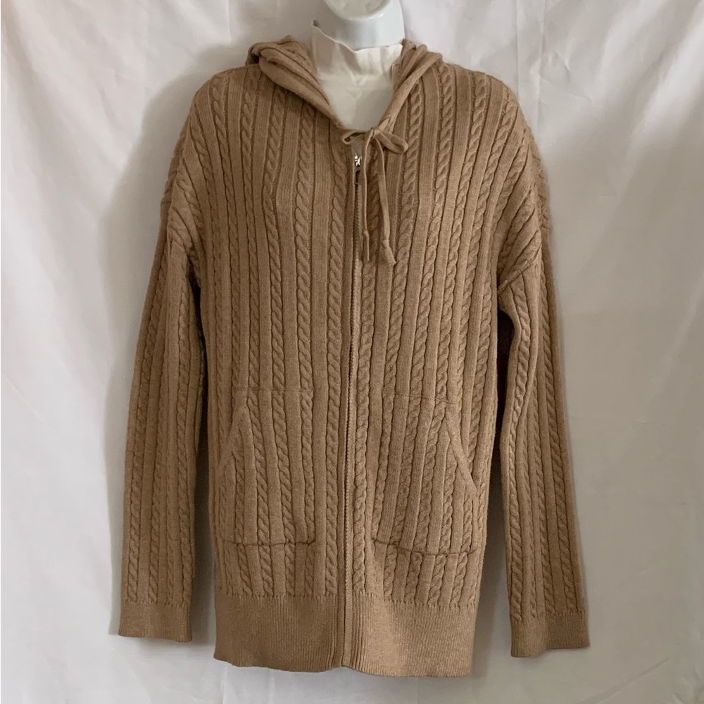 Cozy Tan Cable Knit Women's Cardigan Zipper Front M
